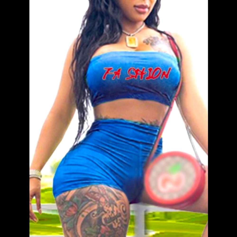 Fashion Blue Tube Top & Fashion Love Baby Eternal Love High Waist Shorts Outfit
